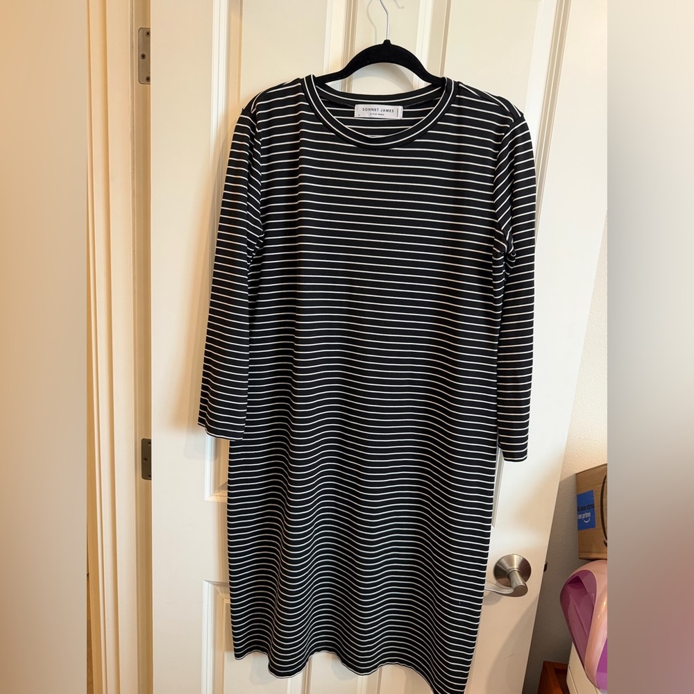 Sonnet James black and white striped long sleeve midi dress.